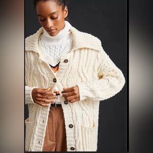 Pilcro Anthropologie Cream Cable Knit Long Cardigan XS Wool Blend